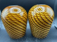 Set of 2 Murano Style Art Glass Gold Honey Amber Swirled Ribbon Pendant Globes