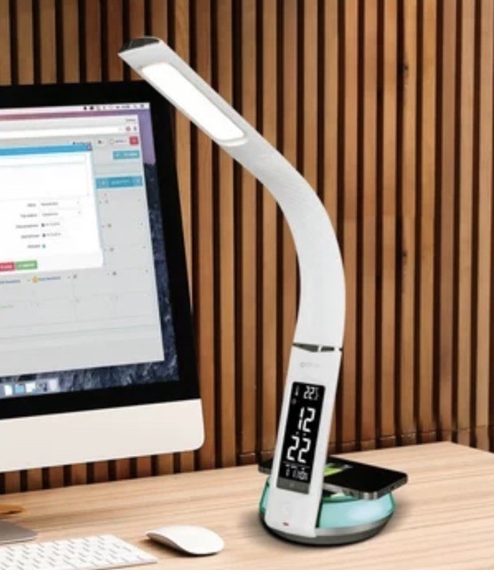 OttLite Wellness LED Desk Lamp Night Light Clock Thermometer & Wireless Charging
