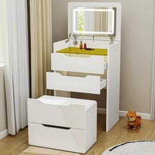 Flip Table Makeup Top LED Dressing with Mirror Modern Vanity Storage Set Stool
