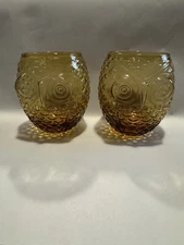 Vintage MCM Amber Glass Roly Poly Owl Cocktail Glass- 4.5” Tall Pair