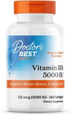 Doctor's Best Vitamin D3 5000IU, Non-GMO, Gluten  Soy Free, 360 Count Exp 2027