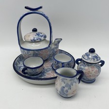 Vintage Miniature Ceramic Tea Set Blue Pink Floral Teapot Tray Sugar Creamer