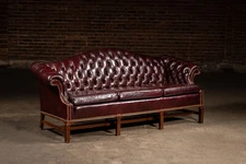 Vintage Chippendale-Style Camelback Chesterfield Leather Sofa in Oxblood