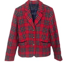 Talbots Red Plaid Wool Blend Blazer Jacket Womens 6 Festive Preppy Professional