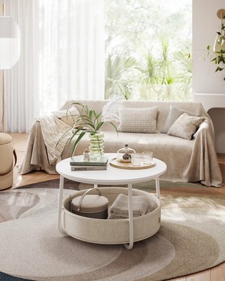 VASAGLE runder Couchtisch mit Aufbewahrungskorb, moderner Mitteltisch für Living R