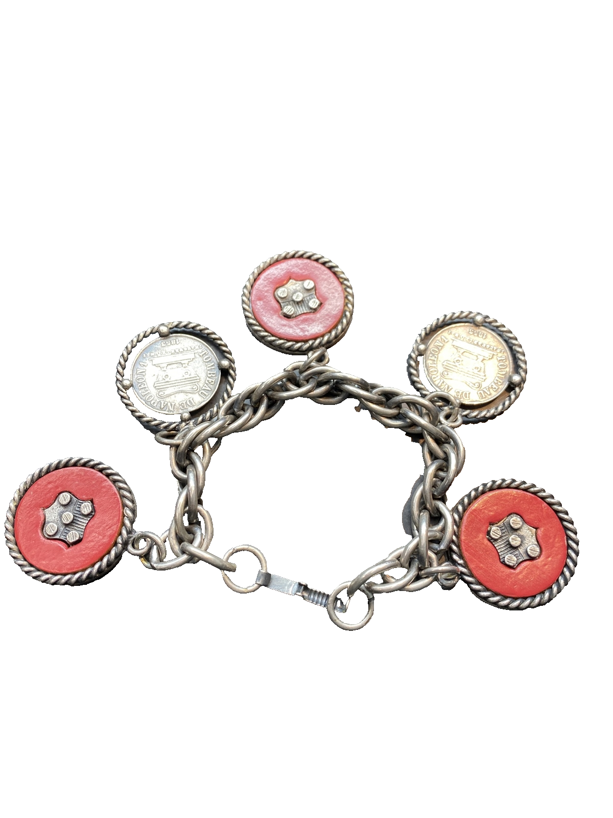 Vintage French Bracelet Statement Charm Silver Tone   Dangle Coin Rare