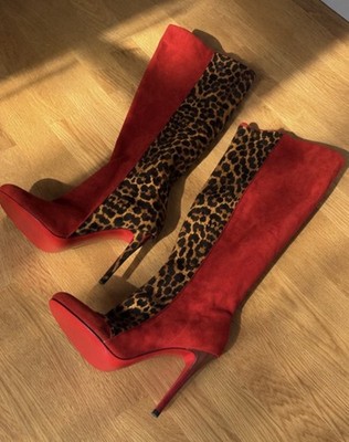 Christian Louboutin Damen Kniehoch Stiefel EU 40 Leder Velours Leo Stiletto