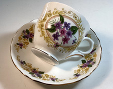 Crown Staffordshire England Teacup Saucer Purple Floral Scrolls Fine Bone China