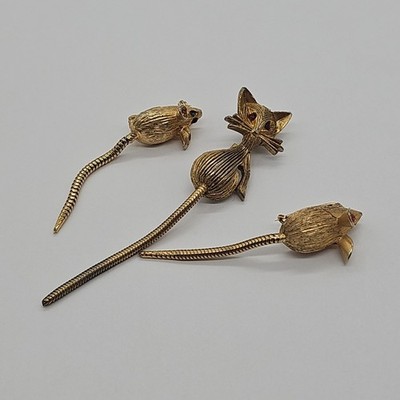 VTG Mouse Rat & Cat Pin Brooch Articulated Tail Red Rhinestone Eyes Gold Tone