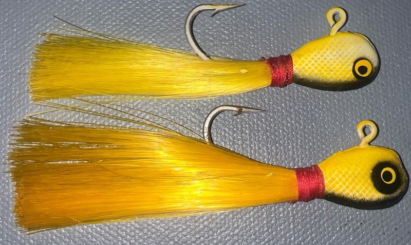 LOT OF 2 - 1/2 OUNCE VINTAGE BUCK TAIL JIGS YELLOW NEVER FISHED