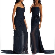 Oscar de la Renta Strapless Floral Aplique Gown Silk Chiffon Navy Maxi Dress US6