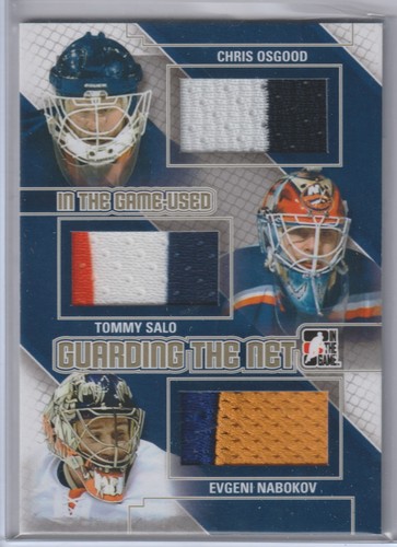 13-14 OSGOOD SALO NABOKOV /10 ITG IN THE GAME-USED GUARDING THE NET GOLD JERSEY
