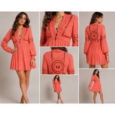 Free People Reign Over Me Coral Lace Mini Dress Long Sleeve Boho Women 2