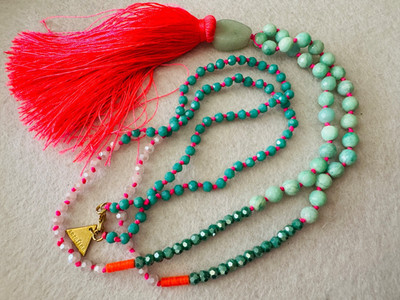SEREFINA Neon Pink Jade Green Bead Tassel Necklace 35.5 