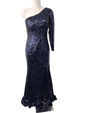 Merle One Shoulder Sequin Maxi Dress Women's S Blue Evening Formal