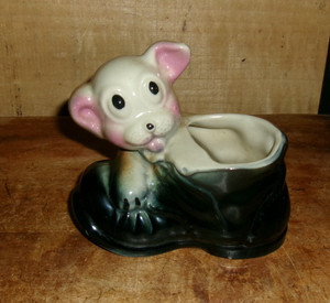 Cute! Vintage Mid Century Puppy Dog With Shoe Porcelain Dog Figure