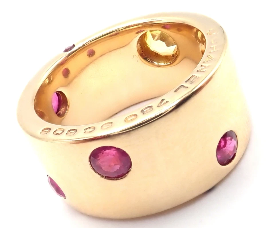 Authentic! Chanel 18k Yellow Gold Ruby Yellow Sapphire Wide Band Ring Size 5 - Image 2 of 4