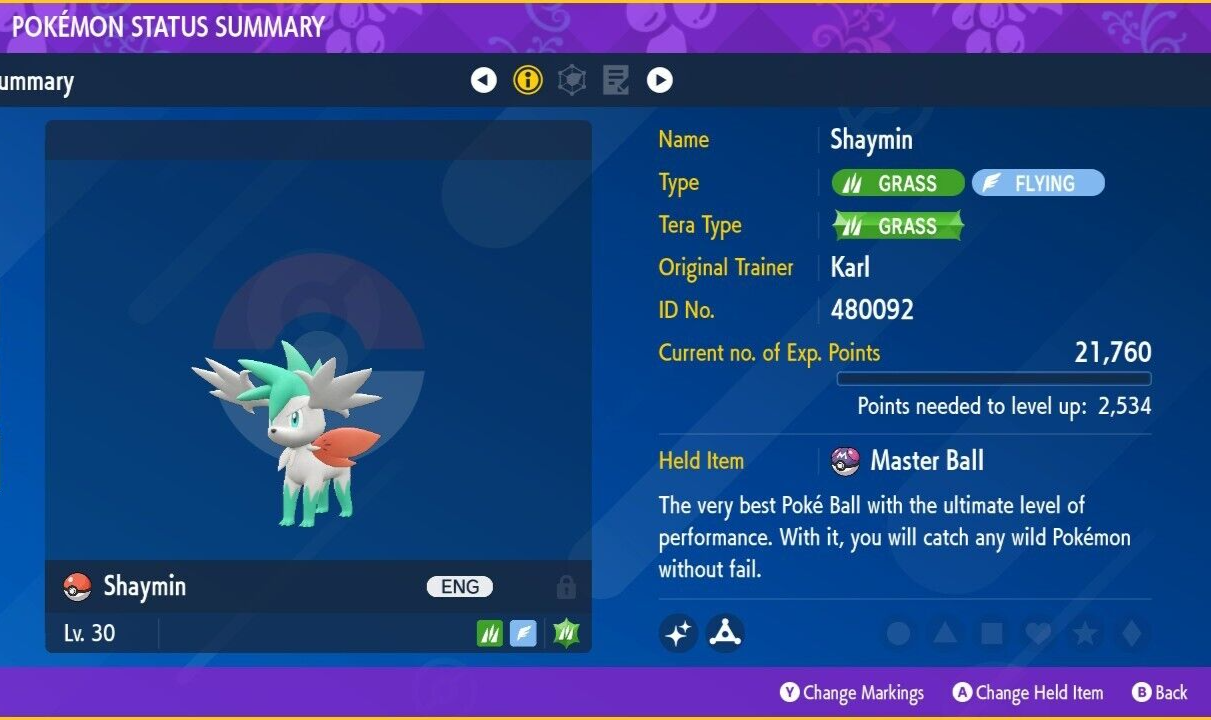 Shiny Shaymin Sky Forme 6IV Timid Nature Mythical Pokemon Scarlet
