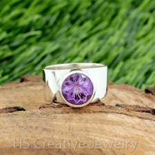 Natural Amethyst Fancy Cut 925 Sterling Silver Handmade Wide Band Ring for Women
