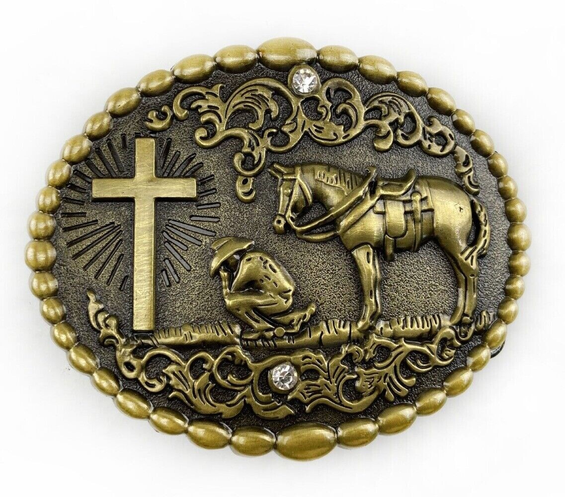 Men's Western Cowboy Belt Buckle Large Rodeo Casual Wear Cross Prayer Horse Oval