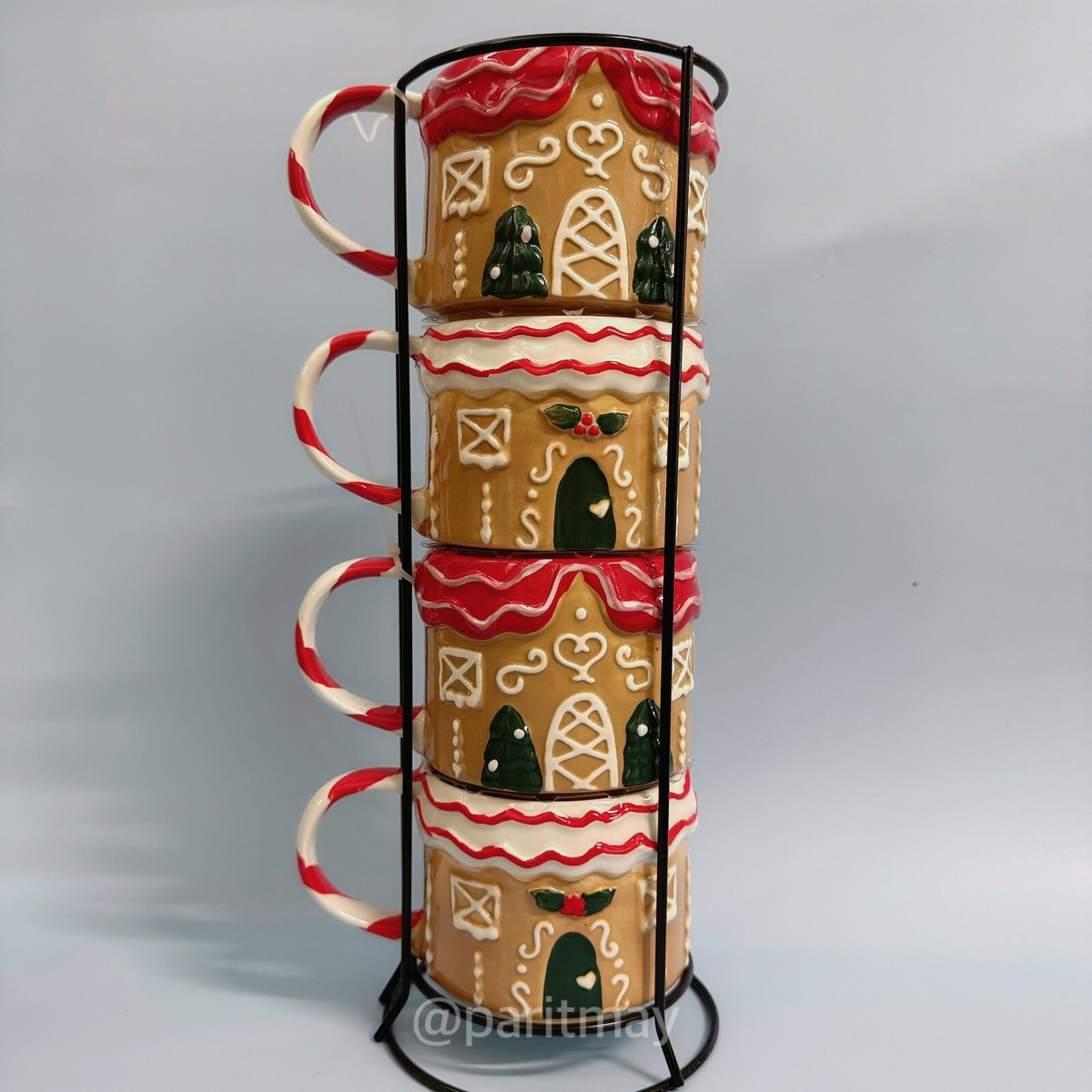 Holiday Time Gingerbread House Glazed Ceramic Mugs with Wire Rack