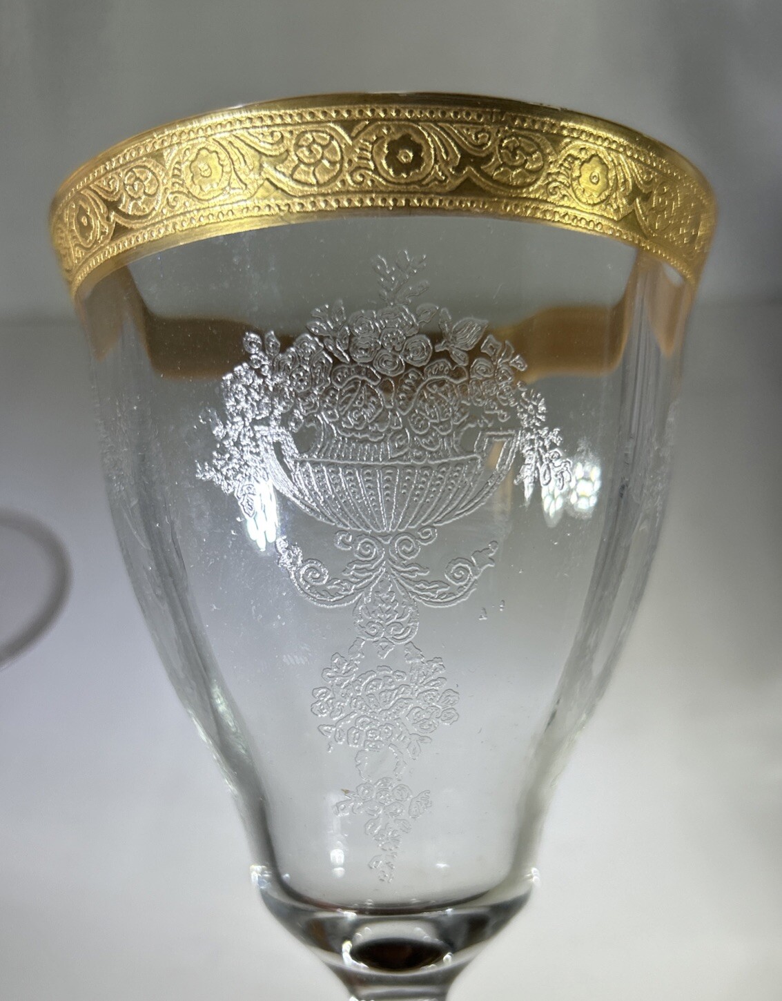 Set Of 3 Tiffin Franciscan Water Goblets Wine Glasses Encrusted Gold Rim Etched