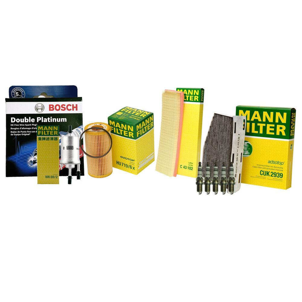 Mann Cabin Fuel Oil  Air Filter and 5 Bosch Platinum Spark Plugs Kit For VW L5