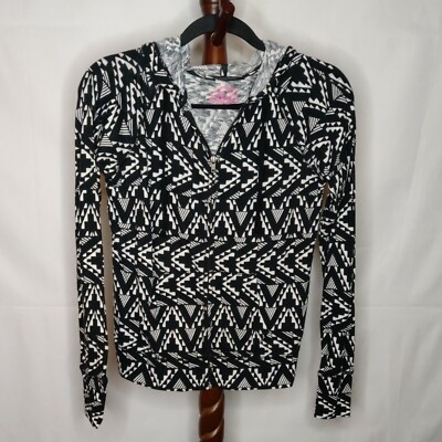 SO women's S activewear hooded jacket black & white print full zip long sleeves