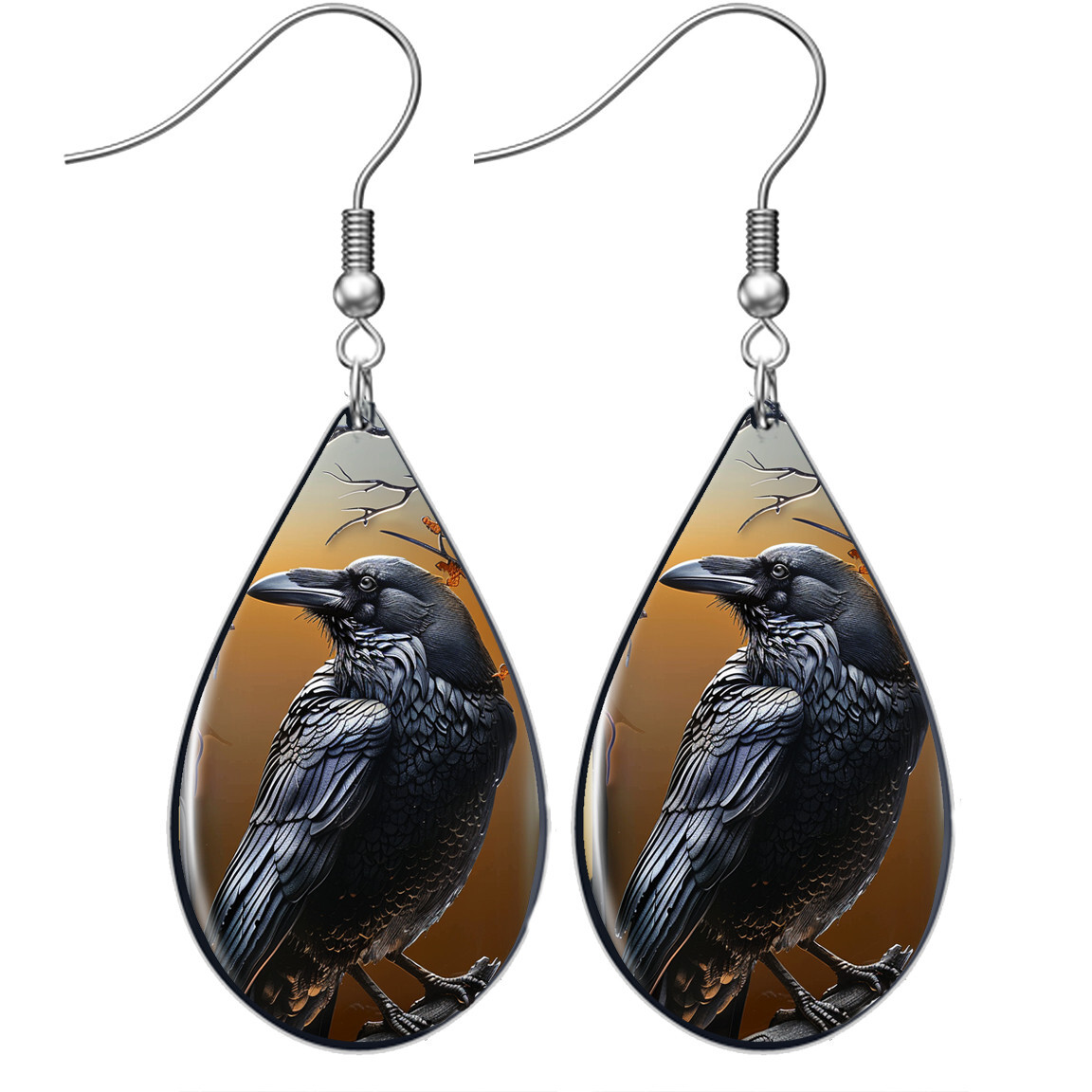 Raven Teardrop Earrings Black Bird Crow Sterling Silver