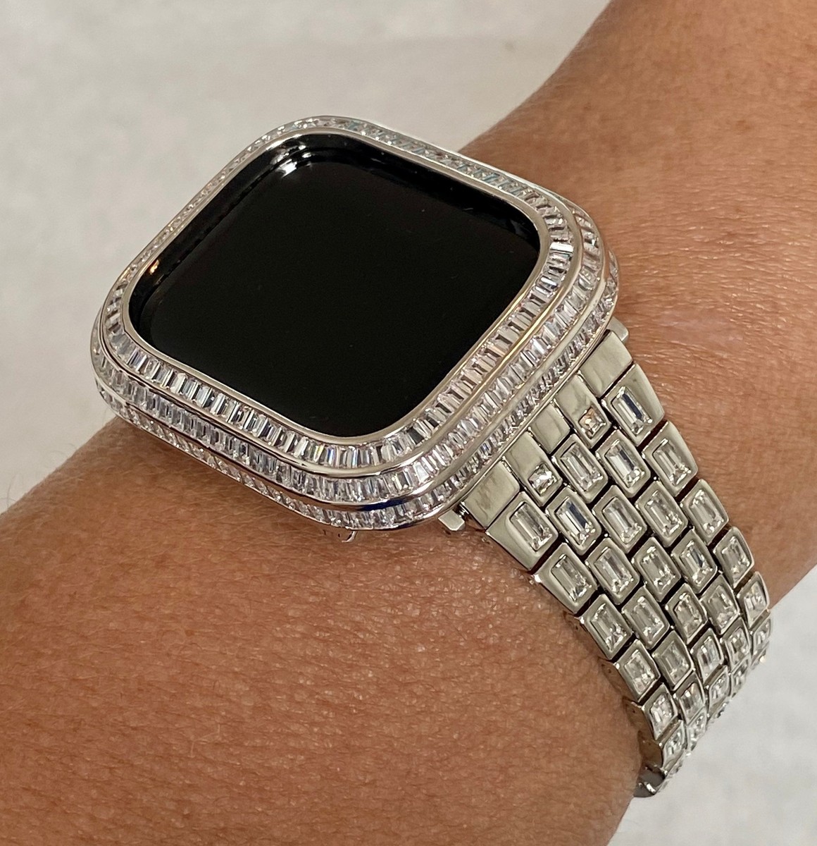 Silver Apple Watch Band 40mm 41mm 44mm 45mm Baguette Crystal 