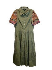 Green Tiered Dress Button Down Batik Tribal Print Sleeves Women’s Size 12 Safari