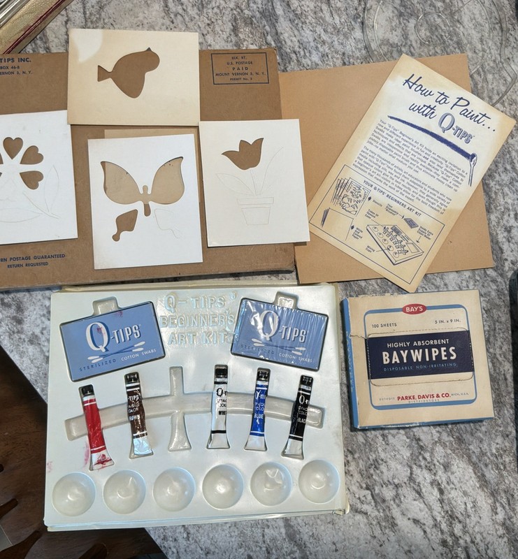 ANTIQUE Q-Tips Beginners Art Kit. Original Box . Stencils And Original Paper.