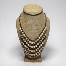 Layered Faux Pearl Bib Necklace Rhinestone Fringe Bridal Statement Necklace
