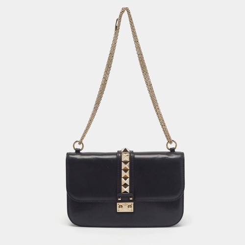 Valentino Rockstud Glam Lock Medium Black Leather Bag