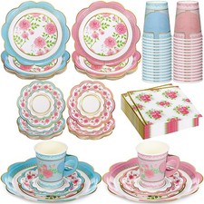50 Sets Floral Paper Tea Cups and Saucers Disposable Tea Party Decorations 9 ...