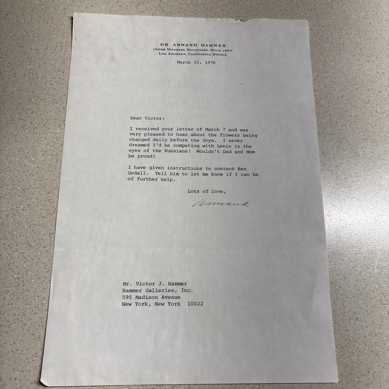 ARMAND HAMMER TYPED LETTER SIGNED, OIL TYCOON, ART MUSEUM, DIPLOMAT/ABOUT LENIN