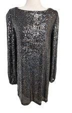 Steve Madden Silver Sequin Long Sleeve Mini Dress L Black Sparkly Party Holiday