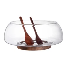 Large Glass Salad Bowl Set with Acacia Wood Base and Salad Serving Utensils, ...
