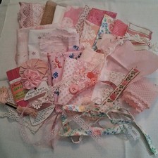 Pink Needlework Bundle Vintage Linen Kit Embroidery Lace Floss Scrap Craft