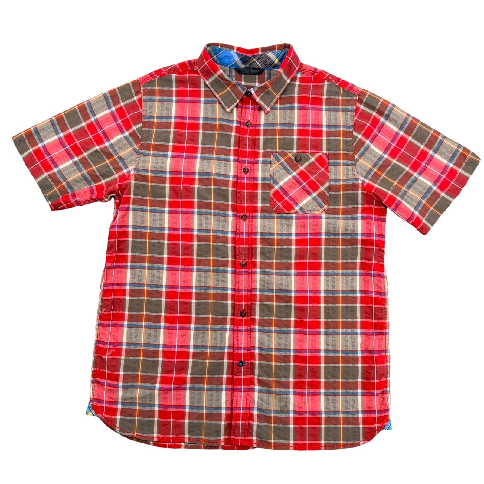 The North Face Mens Red Plaid Short Sleeve Button Up Hiking Shirt Large Casual