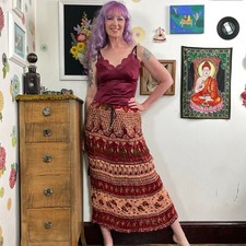 Vintage Bohemian Broomstick Skirt, 1990s Rayon Gauze Midi Maxi Hipster Sz OS