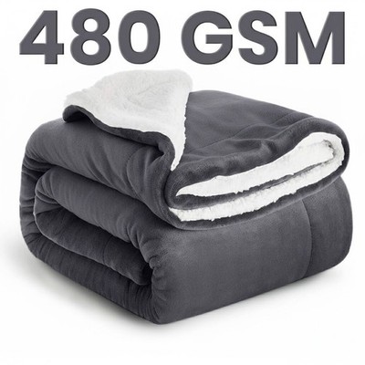 480 GSM Schwer Sherpa Fleece Decke Weich Warm Bett Sofa Überwurf Grau Decken UK