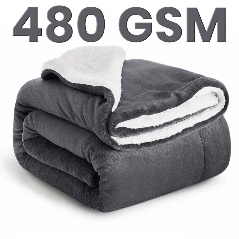 MOONLIGHT BEDDING 480 GSM Heavy Sherpa Fleece Blanket Soft Warm Bed Sofa Throw Grey Blankets UK
