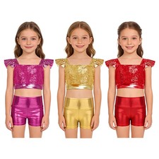 Kids Girls Dancewear Hip-Hop Outfit Costume Sets 2Pcs Performance Shiny Jazz