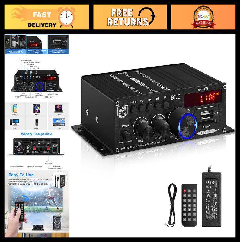 40W HiFi Stereo Bluetooth 5.0 Amplifier 2.0 Channel Audio Receiver with AUX & FM