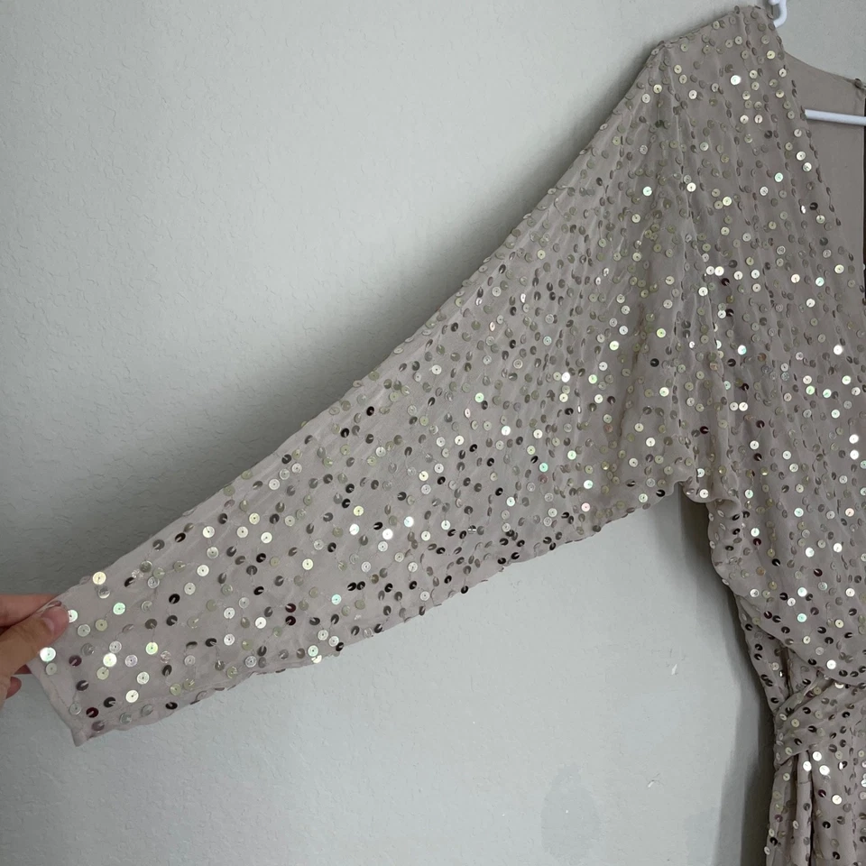 Asos Design Sequin Midi Dress Women's Size 12 Batwing Sleeve Plunge Gray Belt - Image 3 of 4