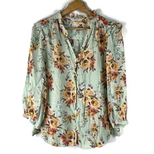 LC Lauren Conrad Womens Blouse Top Size 2XL Green Floral Peasant Ruffled V-Neck