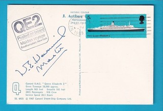 Original Postcard Cunard Line QUEEN ELIZABETH 2 PAQUEBOT Signed by Captain