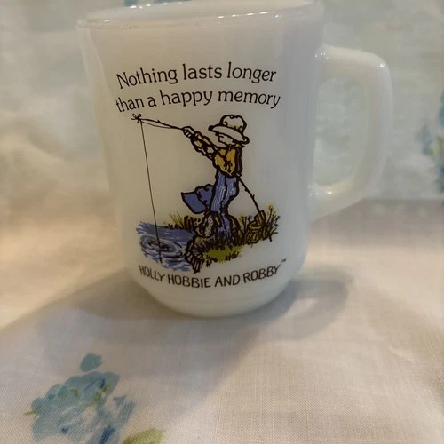 Vtg Anchor Hocking  Holly Hobbie and Robby Milk Glass Cup Oven Proof USA