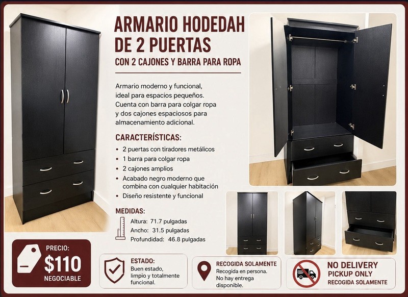 Hodedah 2-Door Wardrobe Armoire w/ 2 Drawers Hanging Rail, Black Modern